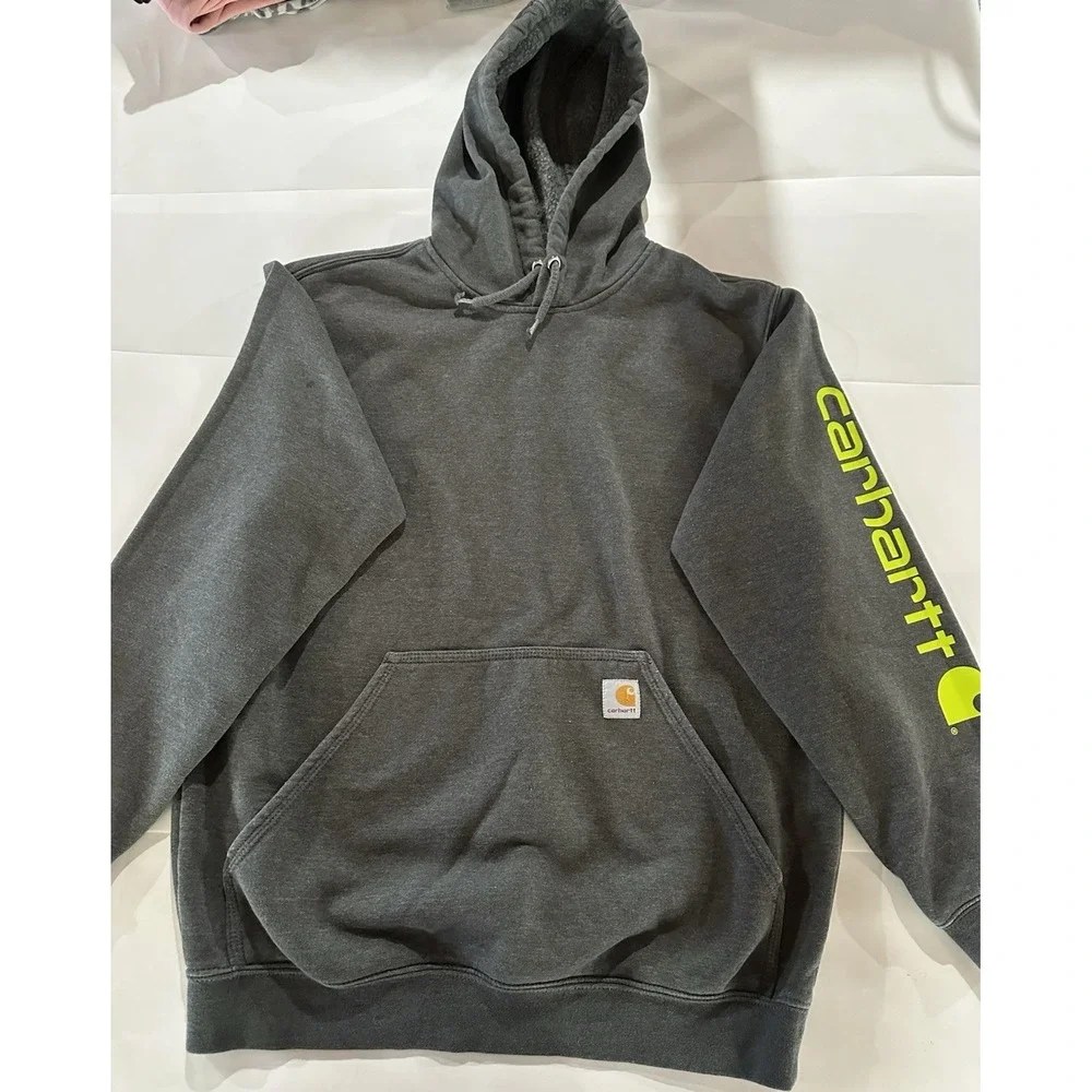 Carhartt Gray Logo Fleece Pullover Hoodie Drawstring Pockets Cotton Blend Size M